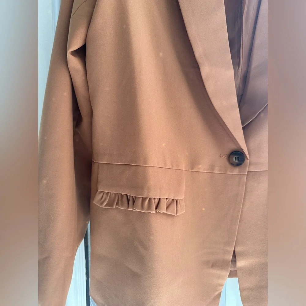 Women’s Camel Blazer with Ruffle Pocket Detail | M
